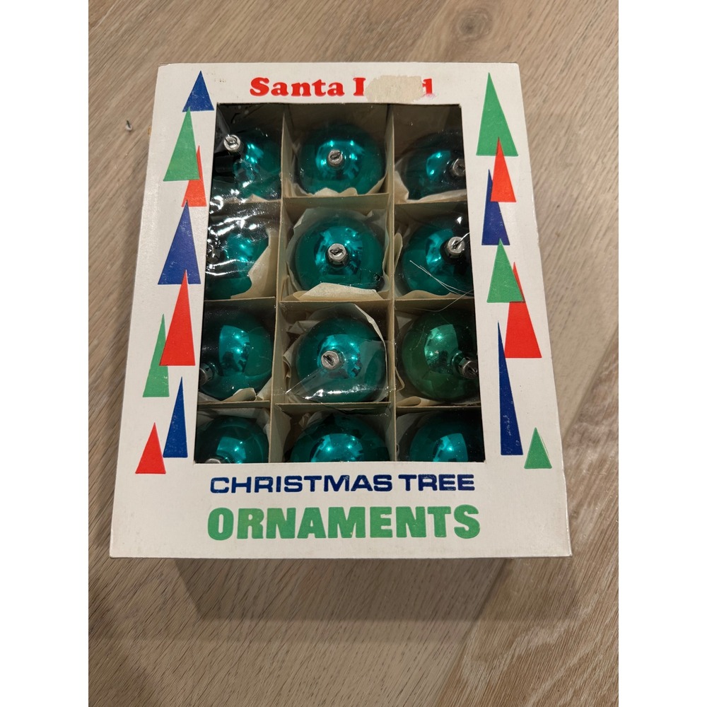 Vintage Santa Land Green Glass Christmas Ornaments Set of 12 Poland Hand Blown